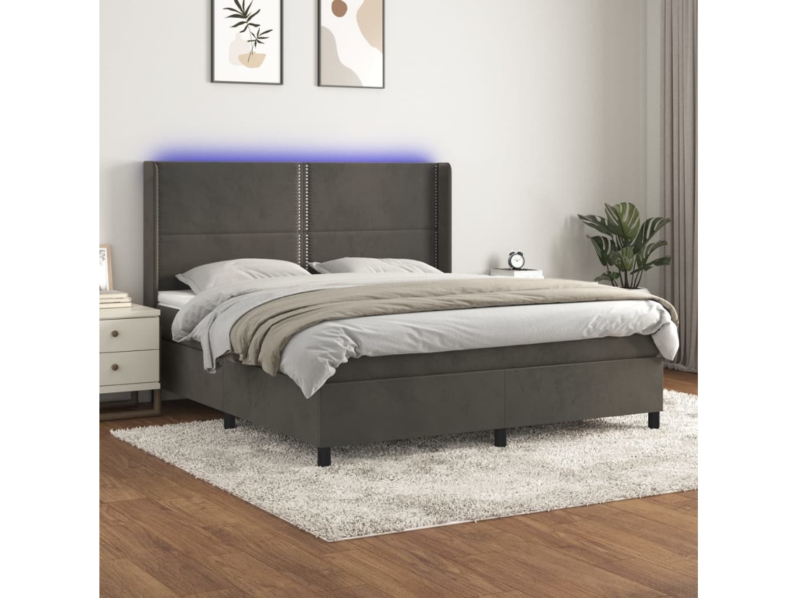 Vidaxl Cama Box Spring C/ Colchão/led 160x200cm Veludo Cinzento-escuro