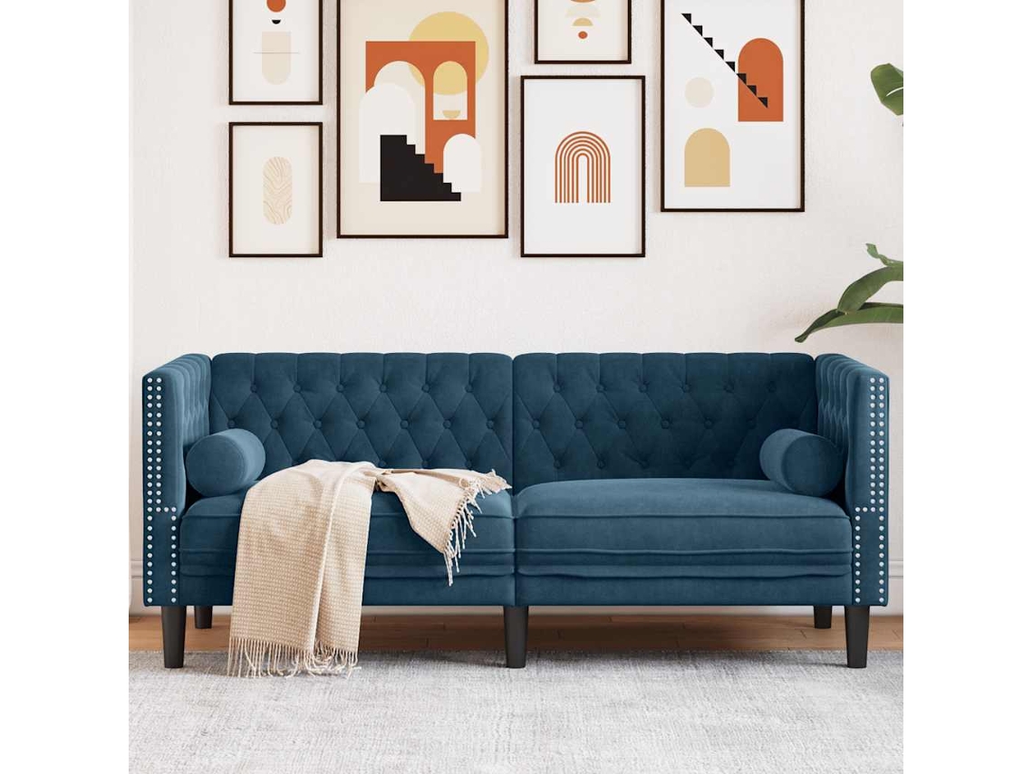 Vidaxl Sofá Chesterfield Com Rolos 2 Lugares Veludo Azul