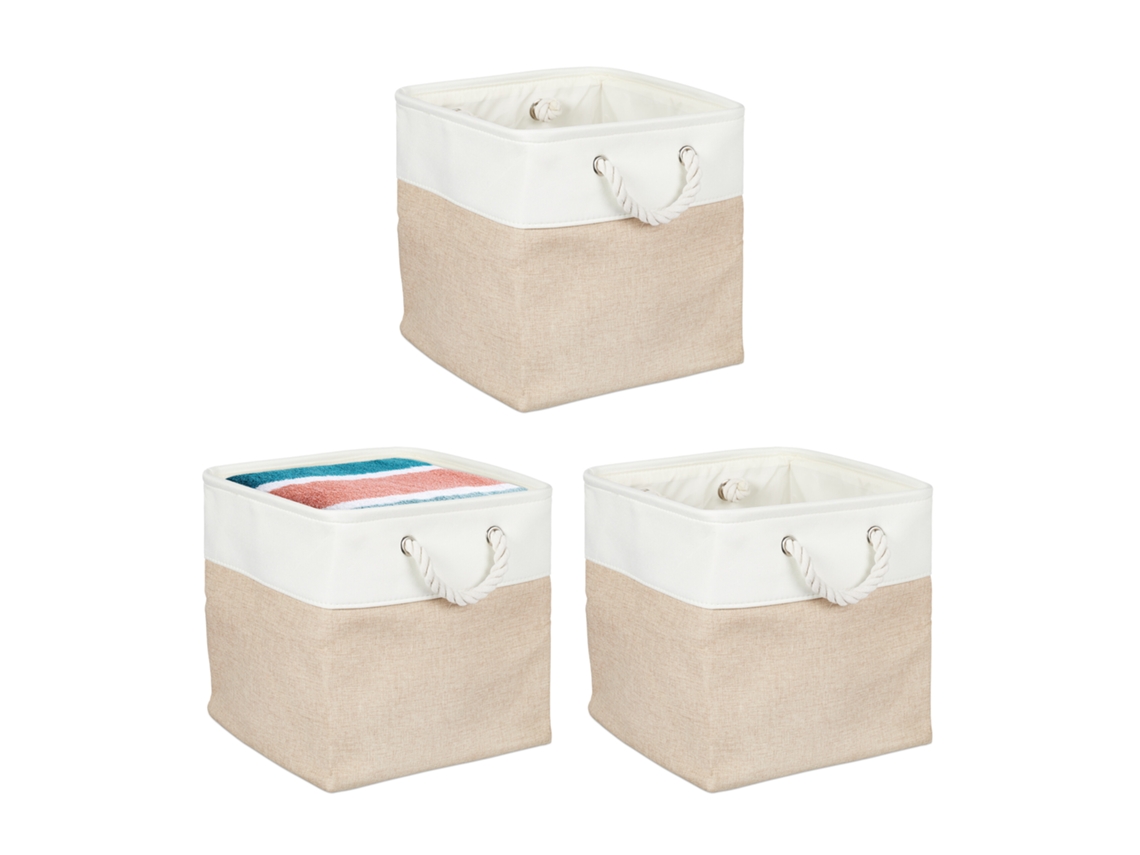 Cesto De Arrumação Relaxdays, 3 Unidades, Linho, Com Cordas, Roupa, Brinquedos, 30x30x30 Cm, Bege/branco