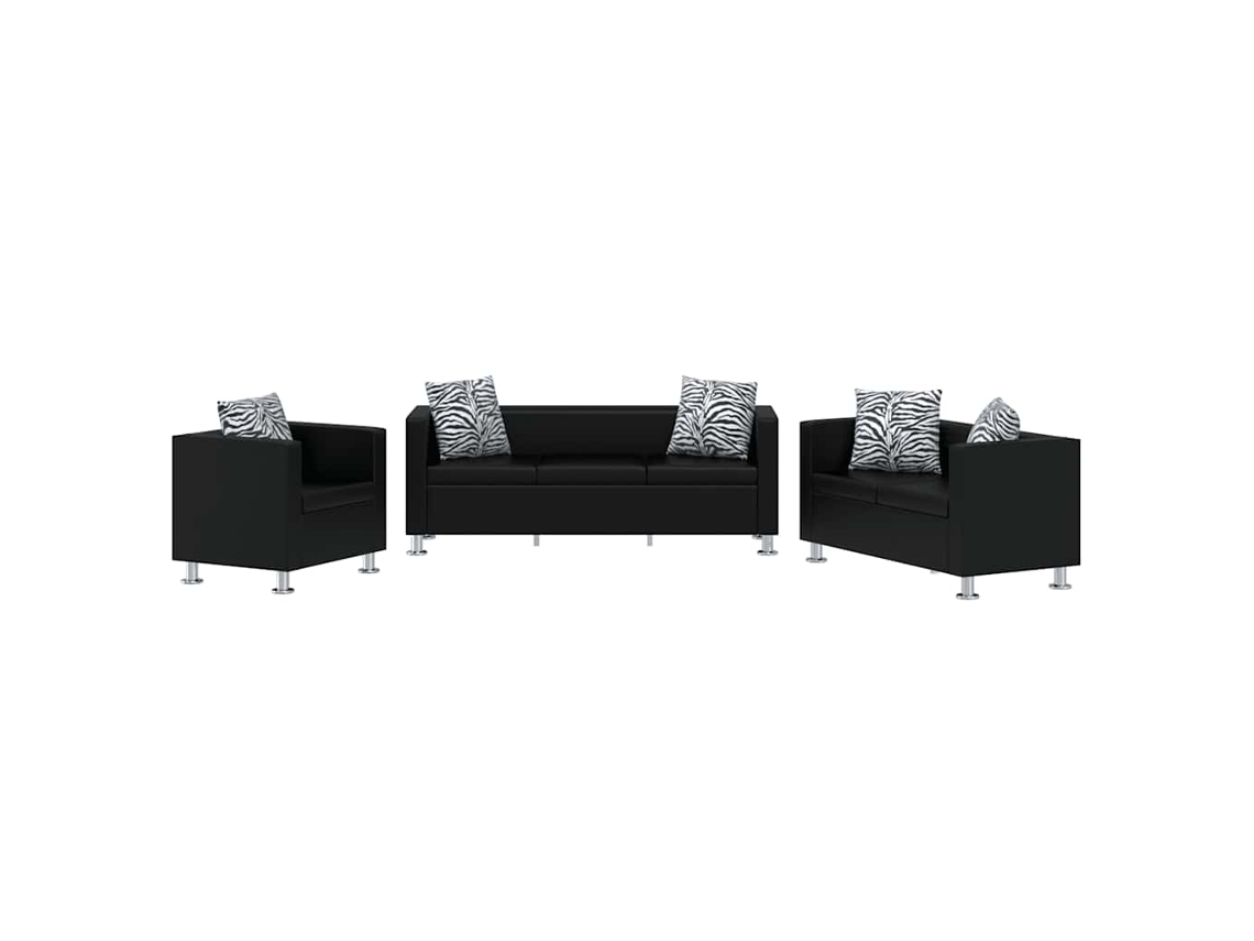 Vidaxl Conjunto Sofás De 2 E 3 Lugares + Poltrona Couro Artific. Preto