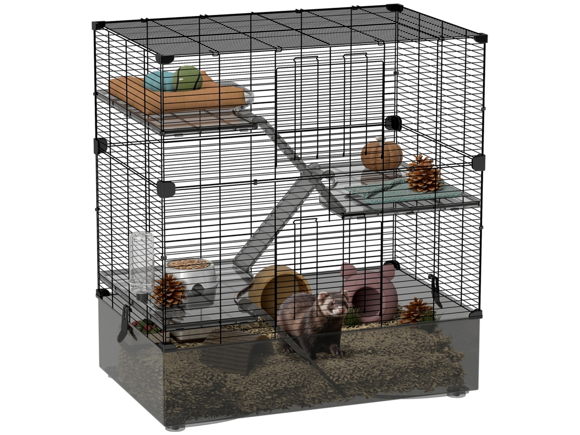 Gaiola Para Pequenos Animais De 4 Níveis Com Bandeja Inferior Para Roedores Com Rampas Comedouro E Bebedouro 73x47x80 Cm Preto