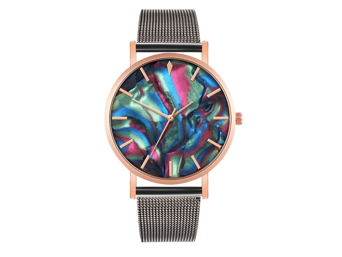 Relógio de casal com pulseira de malha, estilo bracelete, nas cores preto e ouro rosa.