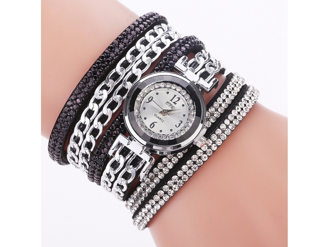 Relógio Feminino Ccq de Pulseira de Veludo com Strass Multicamadas Quartzo (preto)
