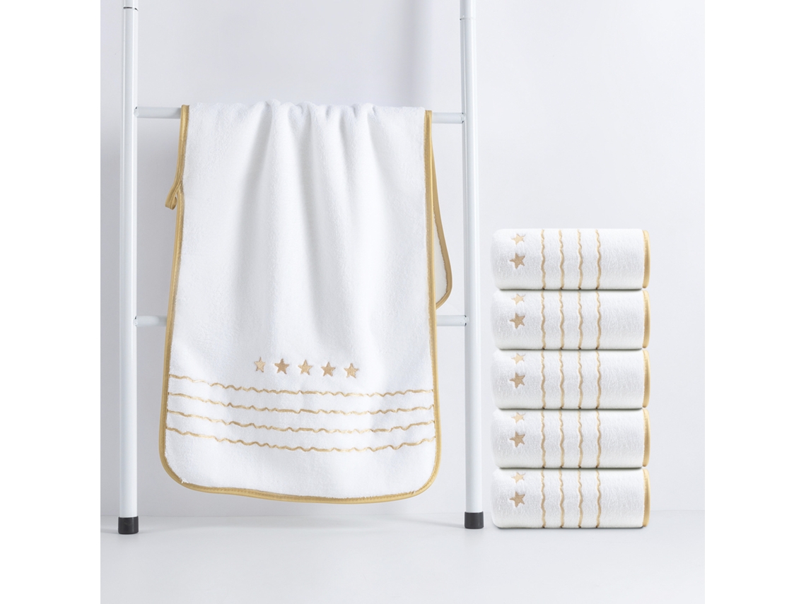 Toalha de Lã Coral Macia e Absorvente com Bordado de Estrela Dourada 6 Peças,branco,35x75cm GERTIZ