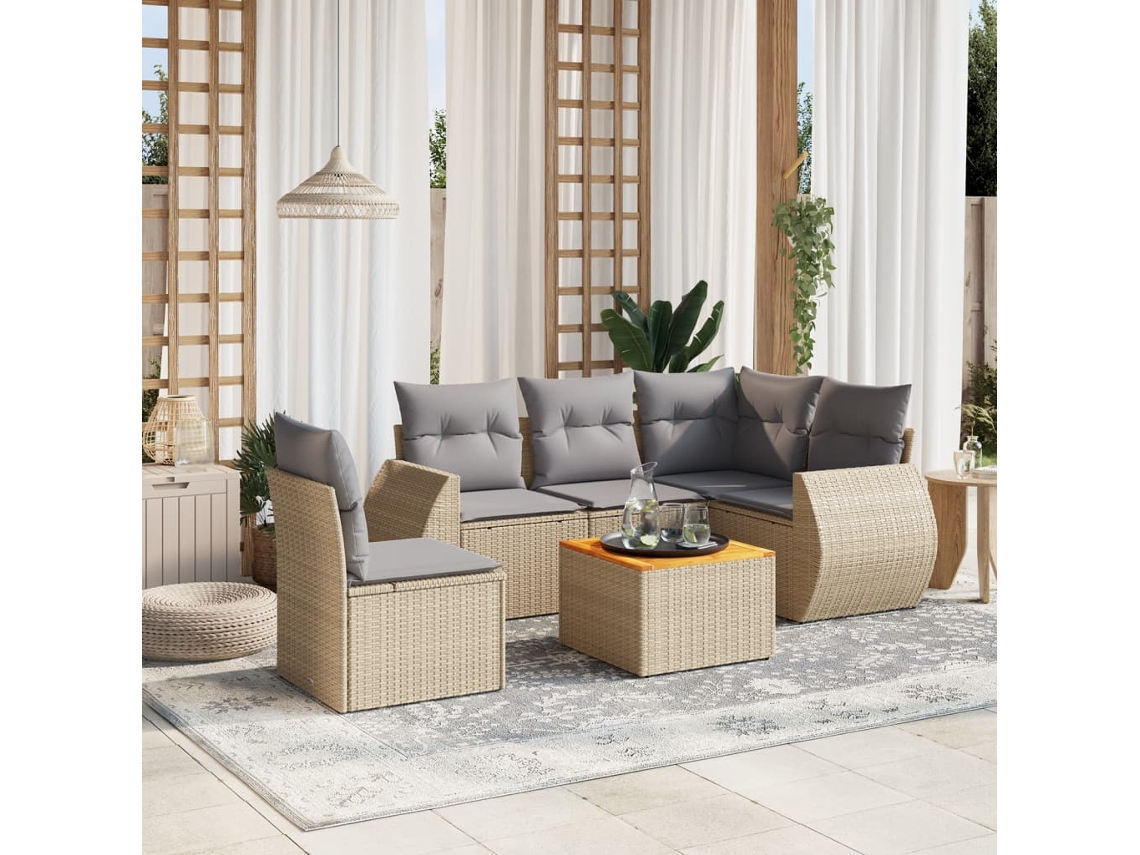 Vidaxl 6 Pcs Conjunto De Sofás P/ Jardim Com Almofadões Vime Pe Bege
