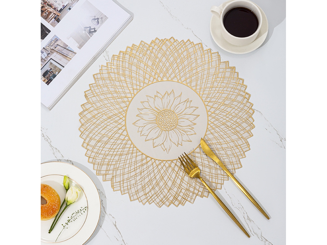 Toalha De Mesa Em Metalizado De Luxo, Modelo Flor Santa Em Dourado E Branco, 4 Unidades