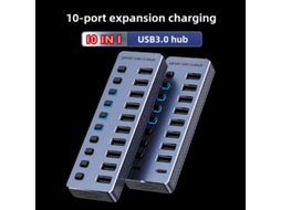 Yizhood USB Hub 3.0 10 portas portátil super velocidade 5 Gbps várias portas USB interruptores adaptador de energia para PC cinza