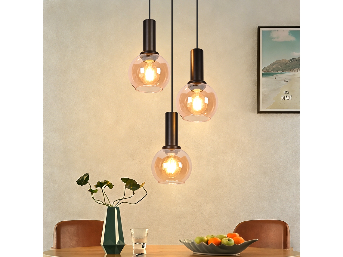 Candeeiro Suspenso em Preto 3 Luzes Estilo Industrial Vintage Vidro Casquilho E27 Altura Regulável para Sala de Estar e Sala de Jantar ZMH