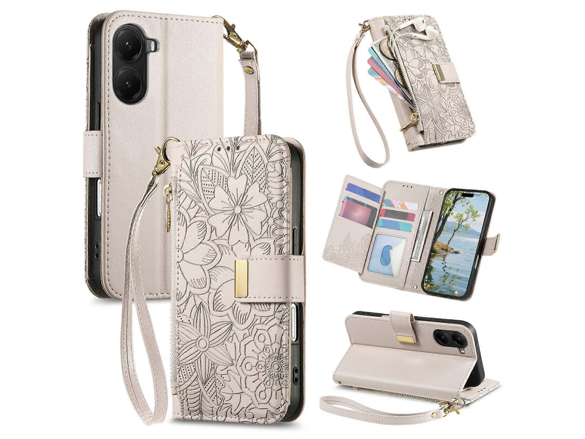 Capa Carteira De Couro Com Zíper, Estampa De Flores E Folhas, Com Alça, Para Celular Redmi A5 4g 171,7 Mm