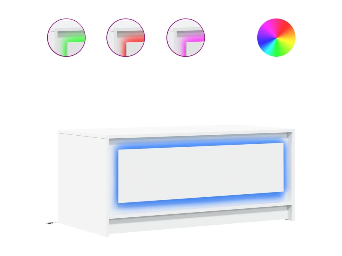Mesa de centro com luzes LED em madeira branca, exclusiva da Maison (não disponível).