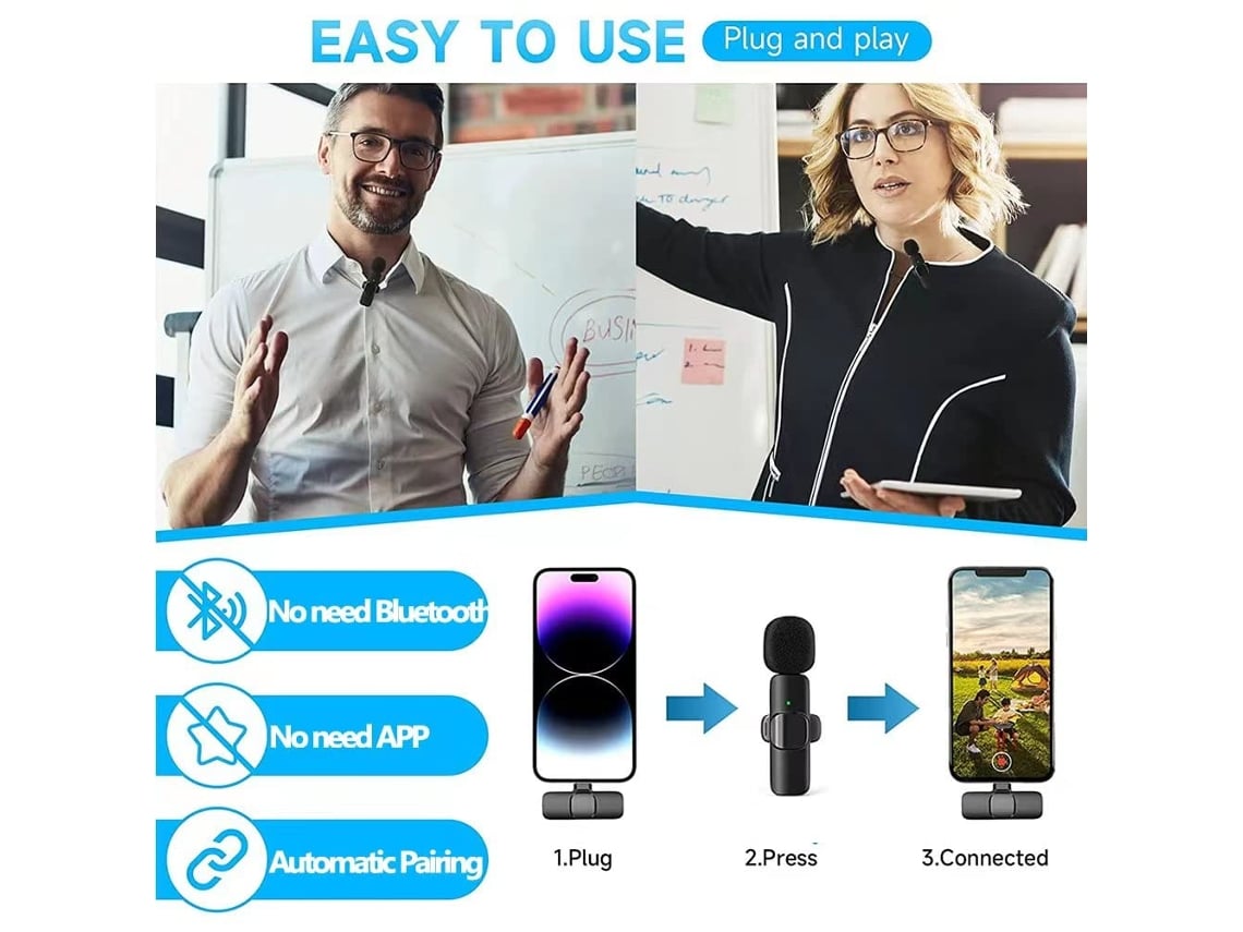 Microfone Sem Fio De Lapela Para Iphone/ Ipad/ Android/ Laptop, Youtube, Vlog1 Aquaforge