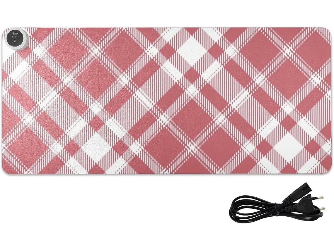 Mousepad Aquecido em Couro Xadrez Vermelho, 80 X 33 Cm, Tapete Antiderrapante para Computador, Teclado, Mesa e