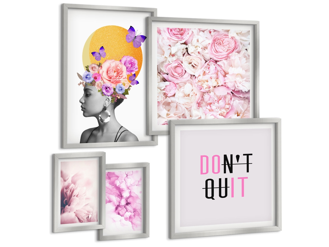 Conjunto De Pinturas Motivos Florais Com Mulher Espelharte (5 Peças)