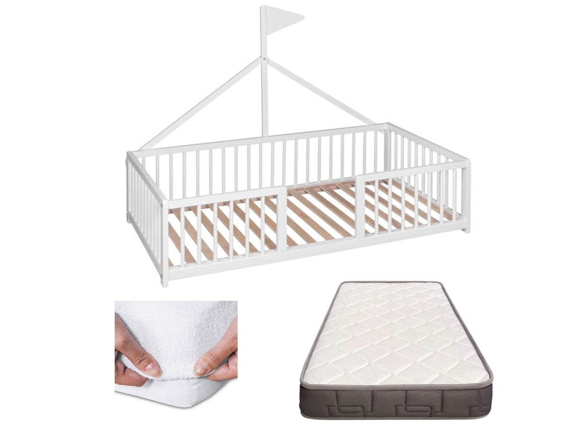 Cama Infantil Tipi Montessori Apache Wonderland + Colchão Morfeo + Protetor de Colchão (Madeira de Faia - Branco - 140x70 cm)