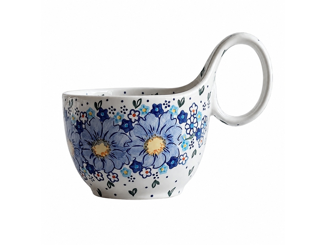 Caneca E Colher De Cerâmica Com Asa Curva E Miosótis, 450 Ml
