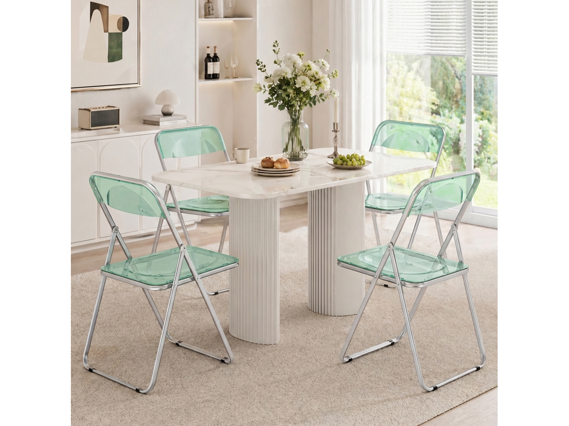 Conjunto De 4 Cadeiras Dobráveis Em Acrílico Transparente, Verdes.