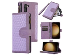 Capa De Couro Compatível Com Samsung Galaxy S23, Bolso Com Zíper, Estampa De Losango, Capa Tipo Carteira Com 9 Compartimentos Para Cartões
