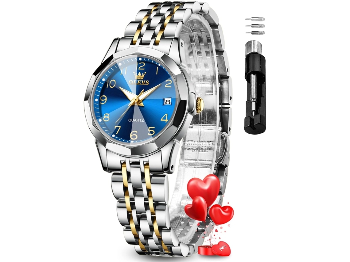 Relógio de Quartzo Fashion Feminino Diamante Luminoso À Prova DÁguaouro-Azul