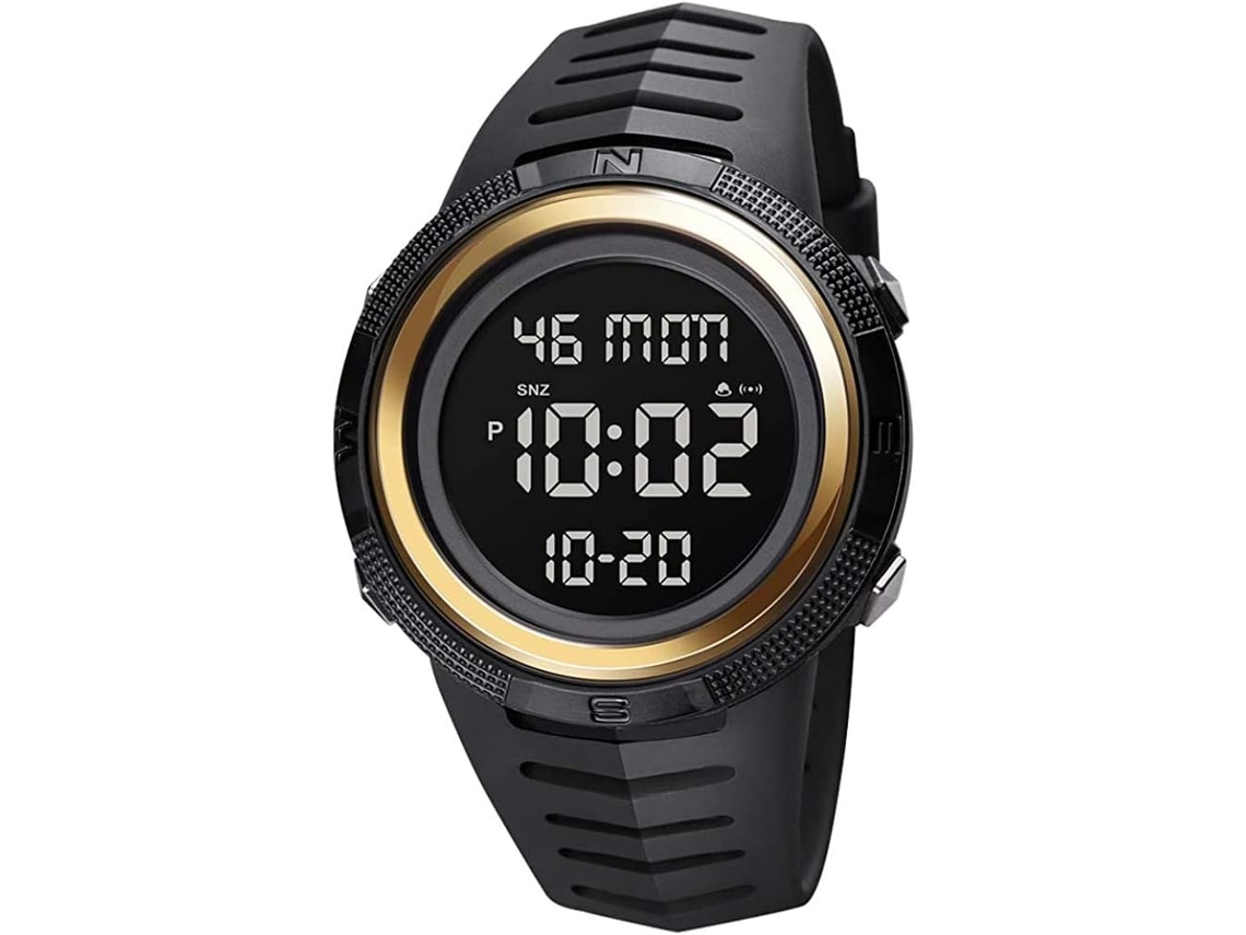 Lurelia Relógio Digital Desportivo, Visor Digital, Led, Cronómetro, Alarme, Data/calendário, 12/24h, Luminoso, Duplo Fuso/mostrador, Couro, Dourado