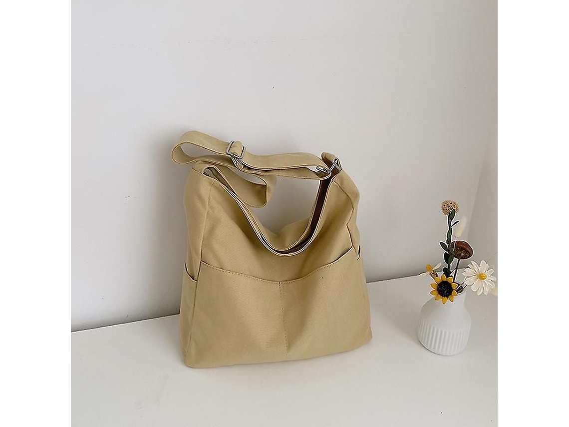 Bolso Hombro Grande De Lona Para Estudiantes Mujer Con Bandolera Ajustable Casual De Moda Simple Para Escuela Y Ocasiones Diarias Caqui