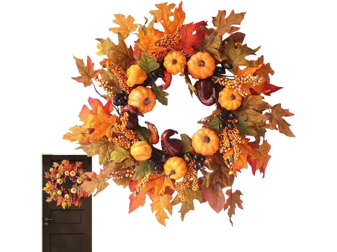 Guirlanda De Outono Para Exterior, Decoração De Porta Com Abóboras E Frutos Silvestres Para O Dia De Gokoco