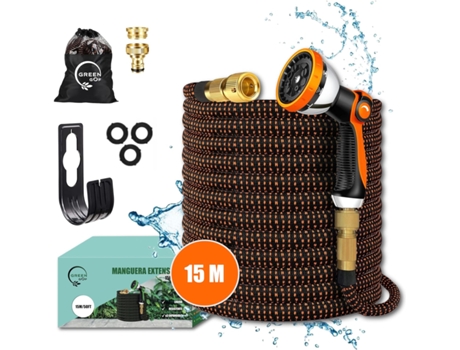 Mangueira de Jardim GREENGOF Premium 15 Metros - Bocal de Pulverização com 10 Funções, Leve e Extensível - Conectores de Latão - Laranja.