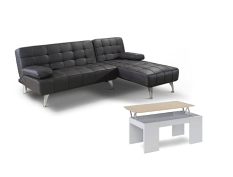 Oferta: Sofá-Cama Chaise Longue Xs Preto em Couro Sintético Mesa de Centro Branco e Carvalho SALDOSYSTOCKS (198 x 75 x 146 cm)