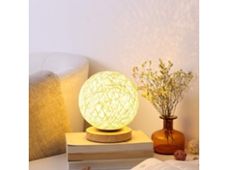 Mesa de vime com base de madeira, luminária noturna em formato Lua, decoração aconchegante para mesa lateral.