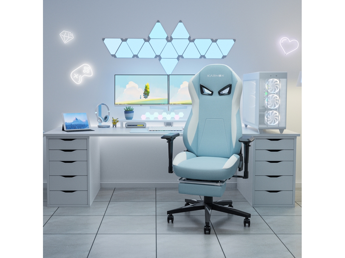 Cadeira Gamer Ergonômica Kornox Tecido Com Descanso Para Pés, Ajustável, Apoio Lombar, Branca E Azul Para Adultos.