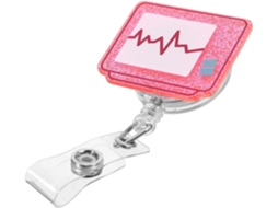 Suporte para crachá em acrílico rosa com clipe retrátil, prático para acesso a cartões de identificação e soluções de digitalização.