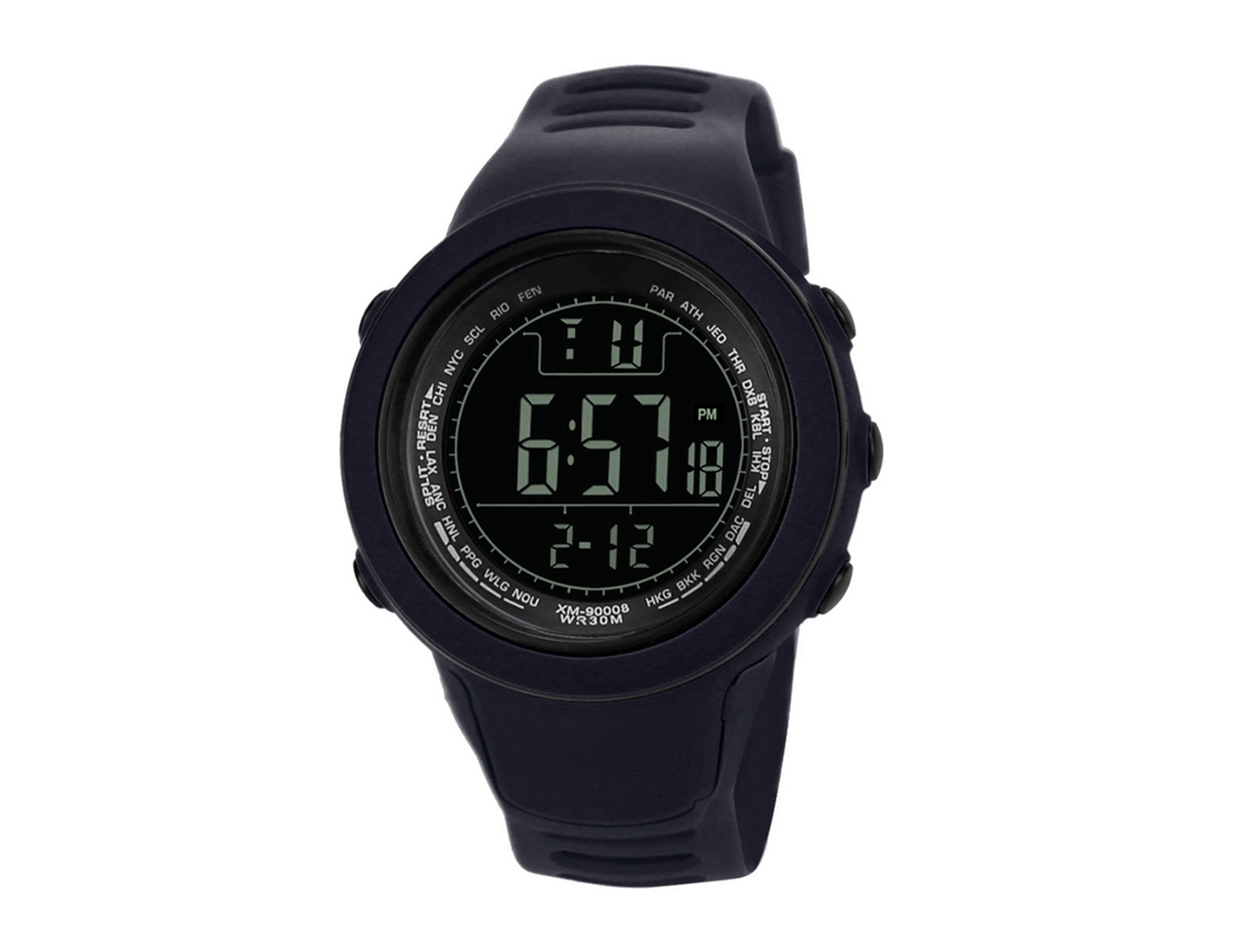 Relógio esportivo eletrônico masculino com pulseira de silicone e visor digital, azul marinho.