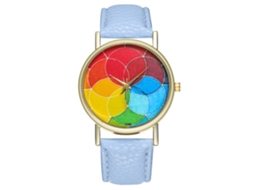 Relógio de quartzo unissex casual e moderno com pulseira de couro azul claro.