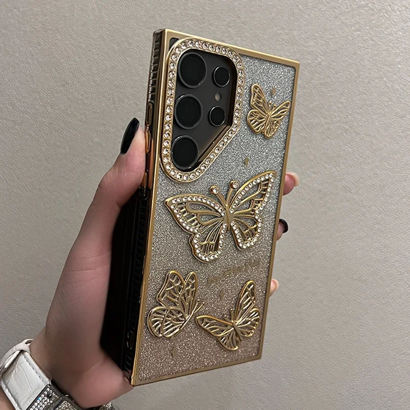 Capa Para Celular Borboleta (dourada S23 Fe), Material De Tpu De Silicone Macio Transparente