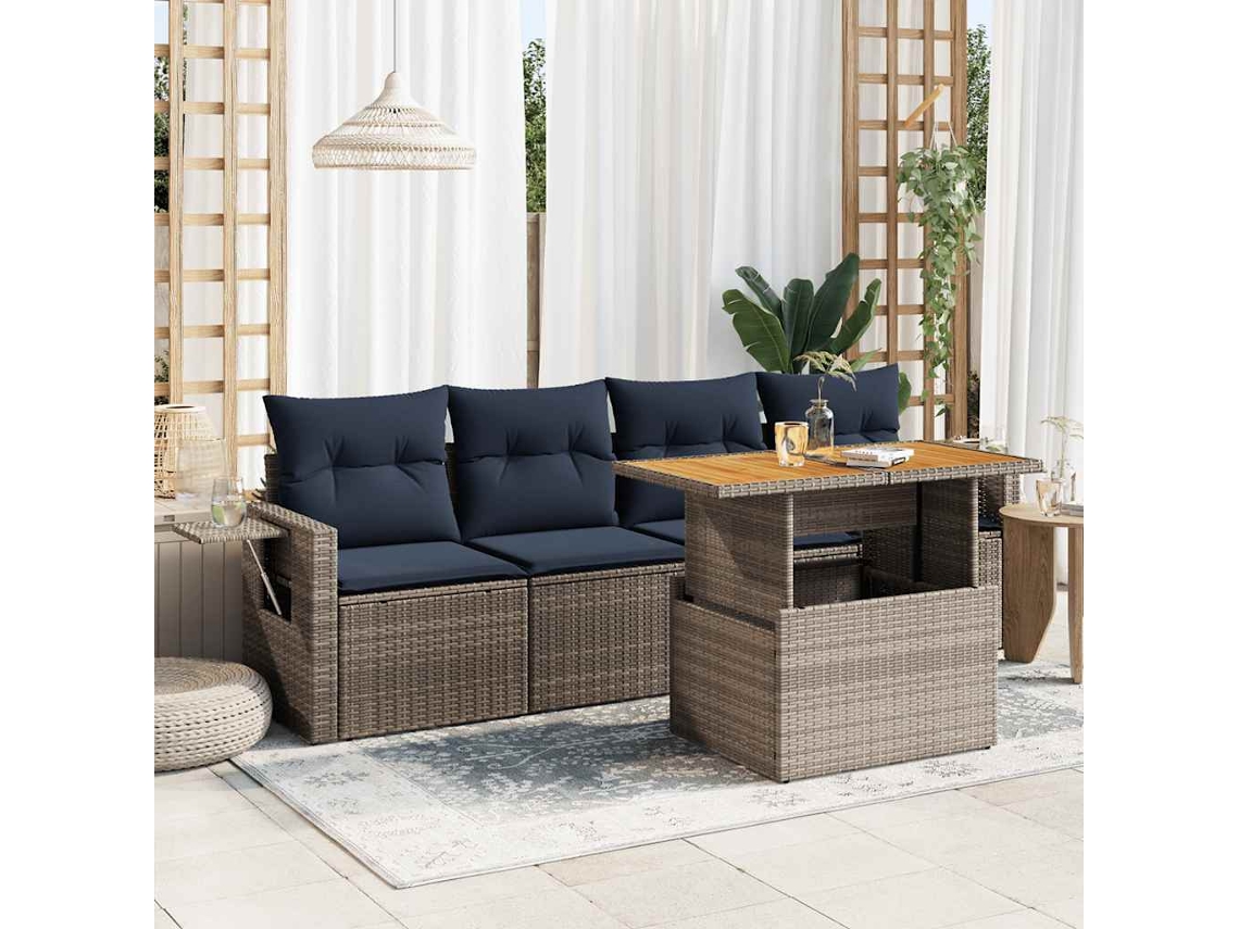 Vidaxl 5 Pcs Conjunto Sofás De Jardim C/ Almofadões Vime Pe Cinzento