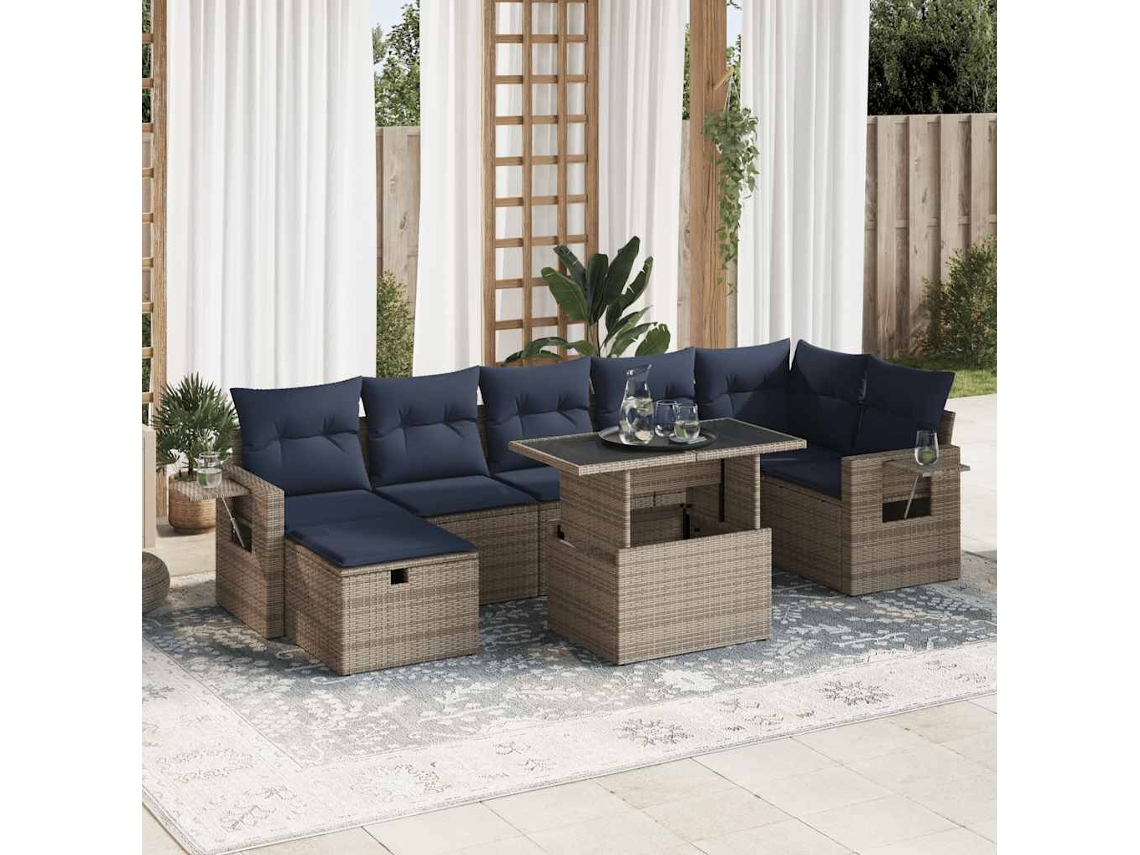 Vidaxl 8 Pcs Conj. Sofás Jardim C/ Almofadões Vime Pe Cinzento