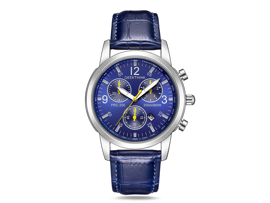 Relógio masculino de quartzo elegante com pulseira de couro PU, detalhes em azul e mostrador elegante.