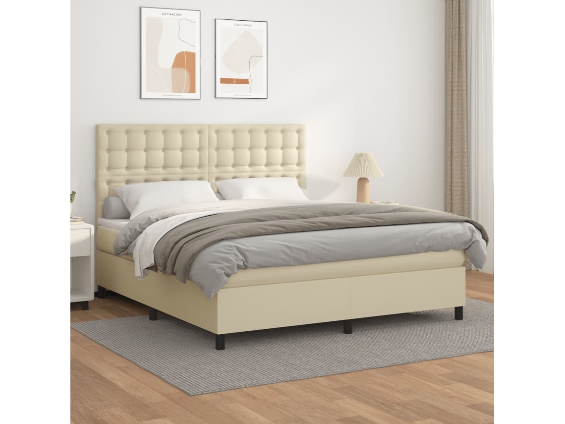 Cama com Colchão de Molas Pele Sintética Bege (160x200cm)
