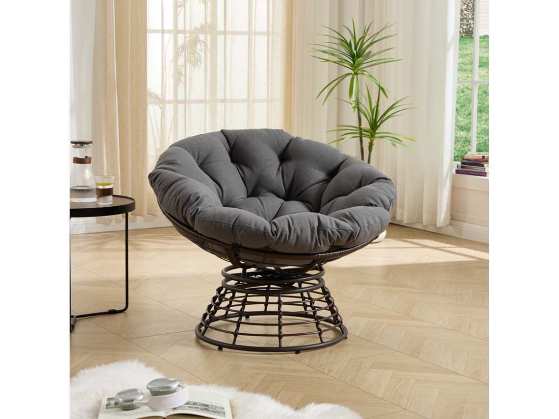 Cadeira Papasan Vime 360° Almofada Macia Cinza Estrutura Marrom