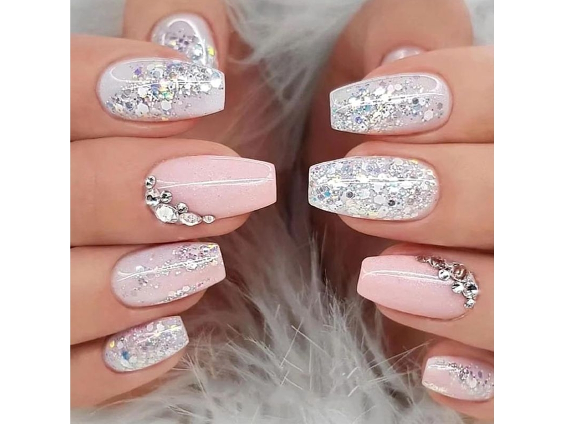 Unhas Falsas de Prata com Glitter e Strass Forma Quadrada Média Rosa Branco Brilhante