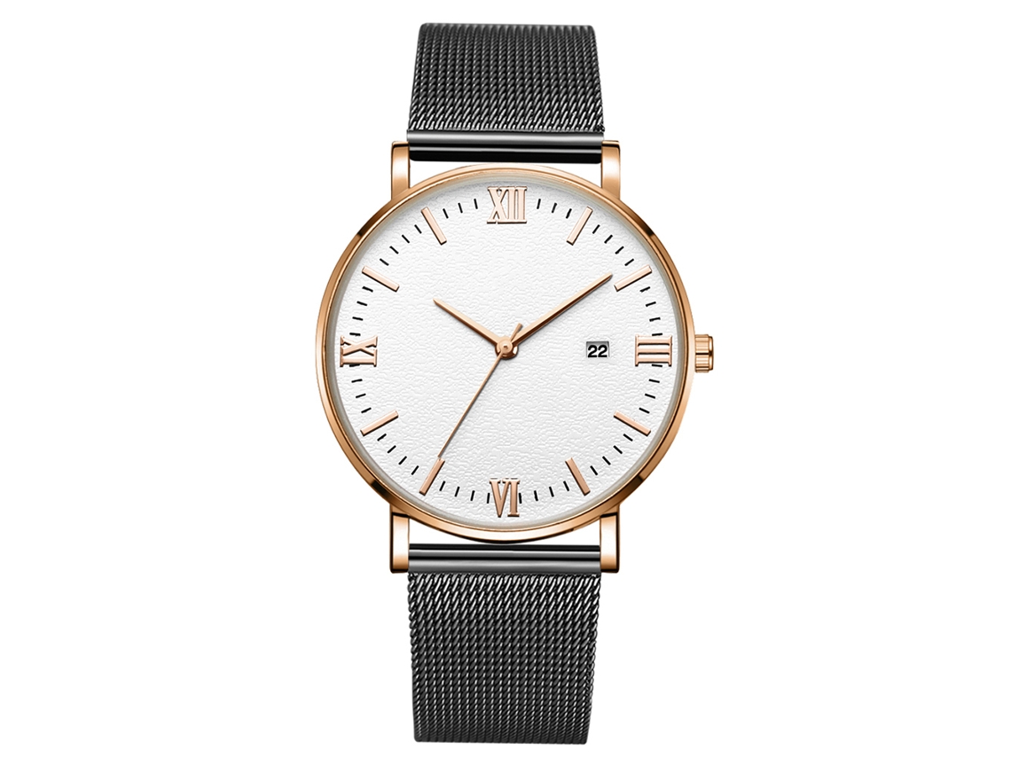 Relógio de pulso mecânico de quartzo com pulseira preta e caixa em ouro rosa.
