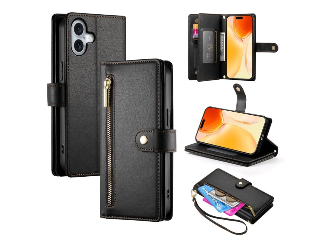 Capa Para Iphone 17 Em Couro Com Nove Compartimentos Para Cartões E Zíper.