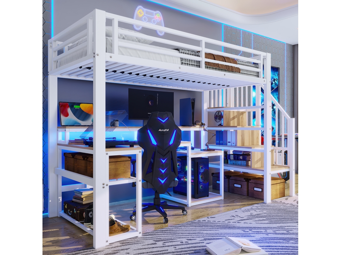 Cama Alta 90x200cm Ferro Com Prateleira Escada Guarda-sol Led Mesa Usb Branca