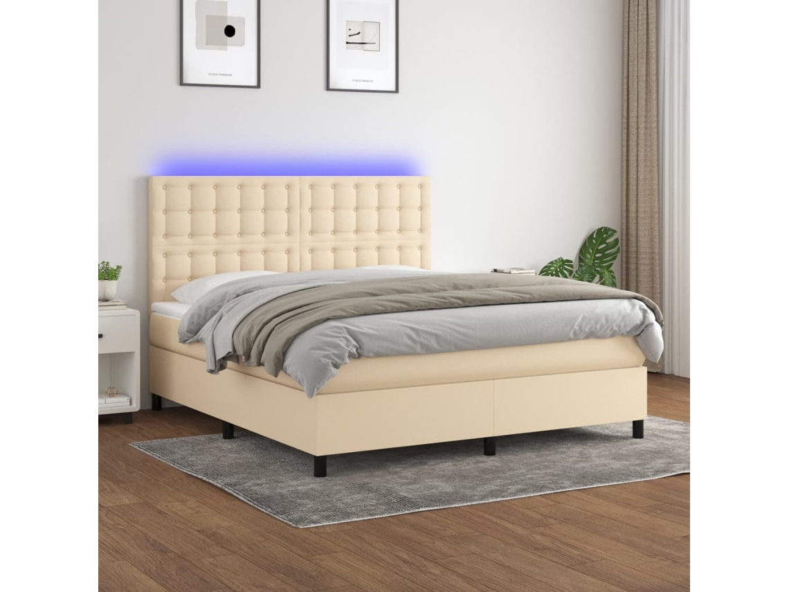 Vidaxl Cama Box Spring C/ Colchão E Led 180x200 Cm Tecido Cor Creme