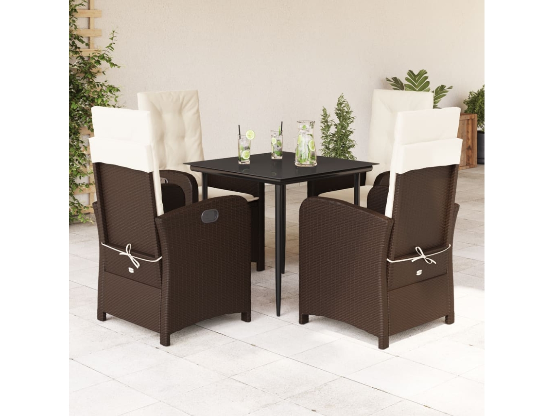 Vidaxl 5 Pcs Conjunto Jantar P/ Jardim C/ Almofadões Vime Pe Castanho