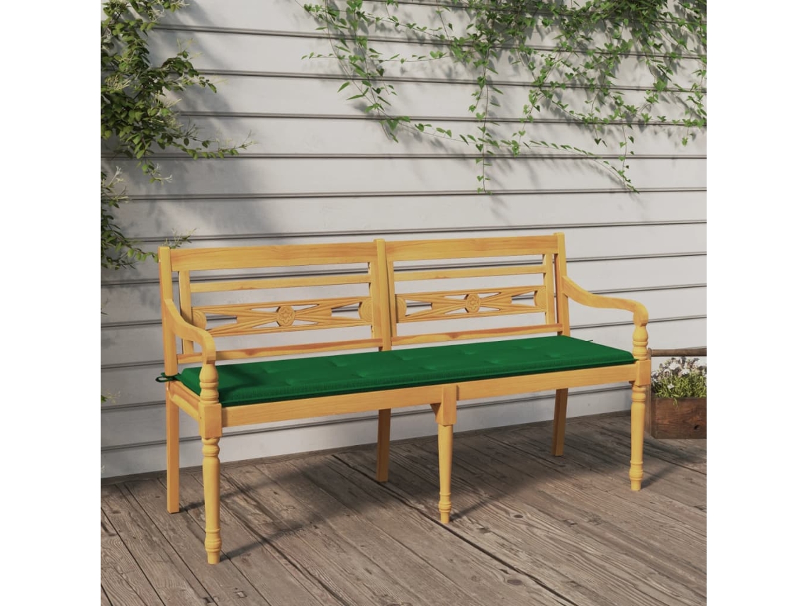 Vidaxl Banco Batavia C/ Almofadão Verde 150 Cm Madeira De Teca Maciça