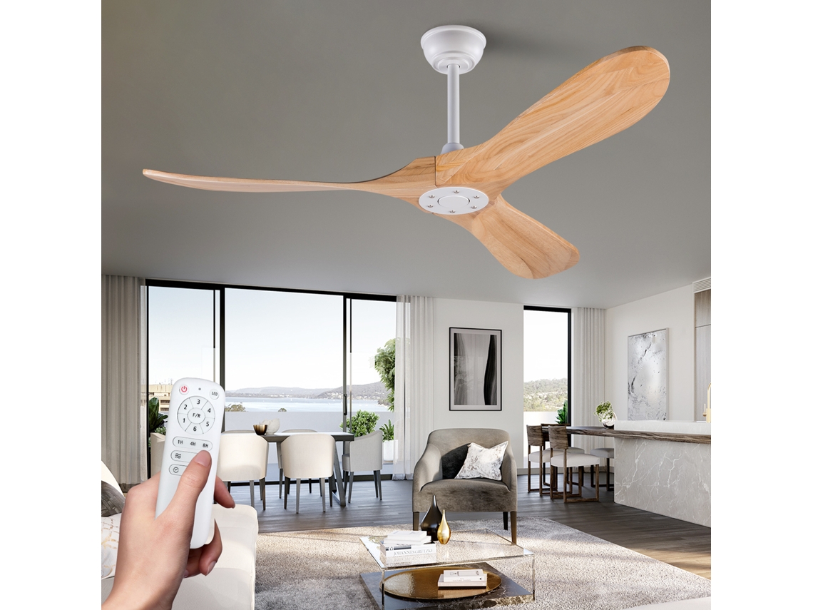Ventilador De Teto 52 Polegadas Com Três Pás De Madeira Em Hélice, Acabamento Natural E Controlo Remoto