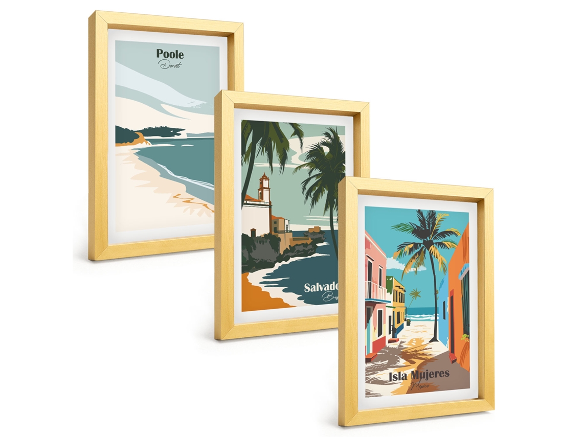 Composição De Quadrospraias Tropicais E Palmeiras Moldura Dourada Imagens Para Um Quarto Infantil Espelharte (3 Peças 20x30 Cm)