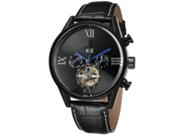 Relógio mecânico automático masculino Forsining com pulseira de couro PU à prova d'água, preto.