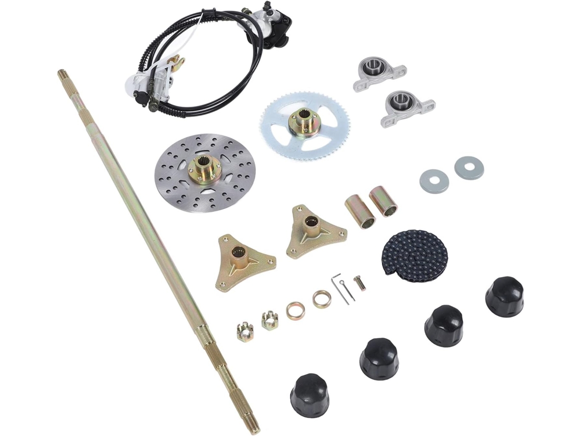 Kit de eixo traseiro para karts de 29 polegadas - Componentes metálicos para quadriciclos de 50, 70 e 90 cc. Inclui pinça de freio, disco e coroa.