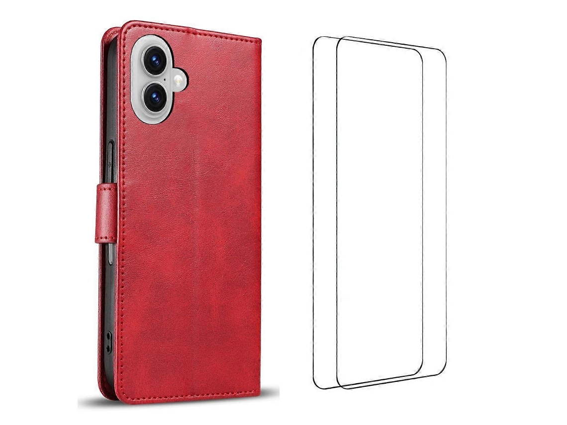 Capa Tkdaddy Para Iphone 16 Com 2 Peças De Vidro Temperado Wanlonfeng Wn Series, Capa De Couro Com Textura De Bezerro, Recortes Grandes, Vermelha